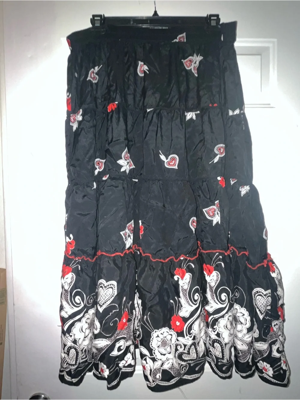 White Stag Black Maxi Skirt with Red & White Embroidered Floral Trim - Picture 2 of 9